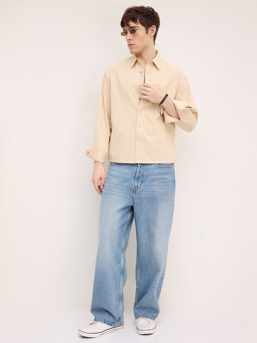 Luxe Bisque Beige Boxy Fit Crop Corduroy Shirt