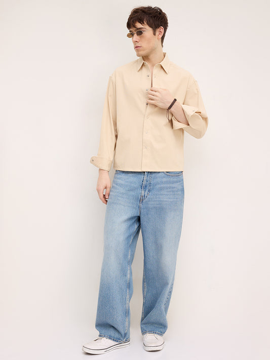 Luxe Bisque Beige Boxy Fit Crop Cord Shirt