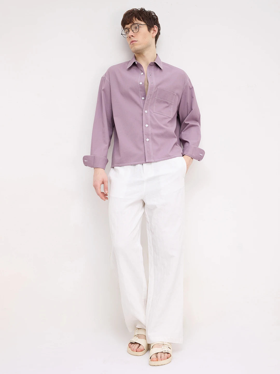 Rich French Lavender Contrast Stitch Boxy Fit Crop Cord Shirt
