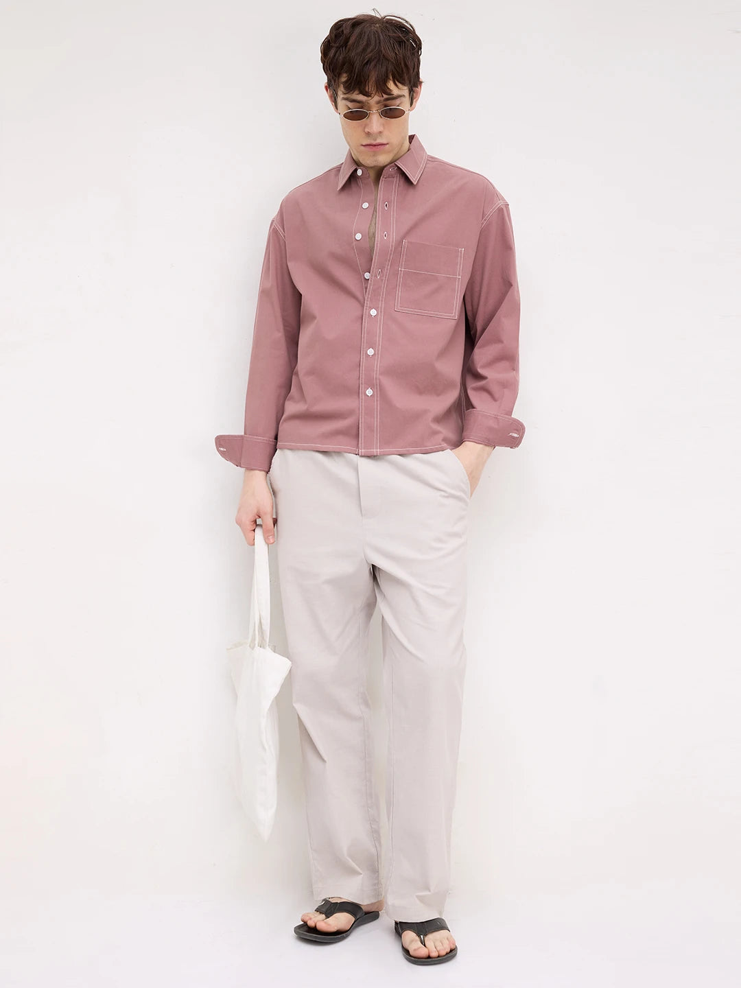 Serene Rouge Pink Contrast Stitch Boxy Fit Crop Cord Shirt