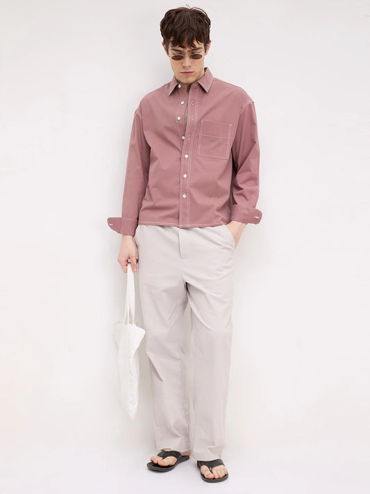 Serene Rouge Pink Contrast Stitch Boxy Fit Crop Cord Shirt