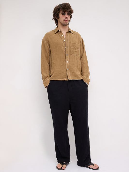 Wood Brown Double Cloth Contrast Stitch Boxy Fit Crop Shirt