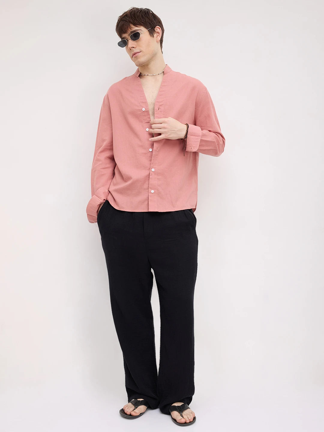 Luxe Coral Linen Blend Stand Collar Oversized Shirt