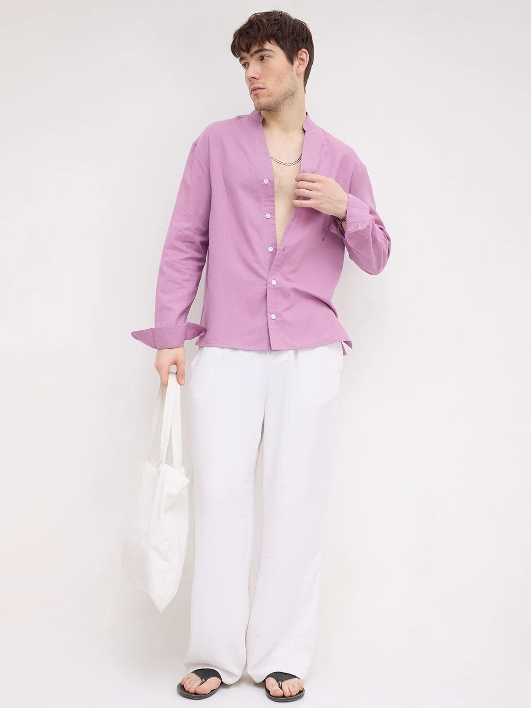 Rich Lilac Linen Blend Stand Collar Oversized Shirt