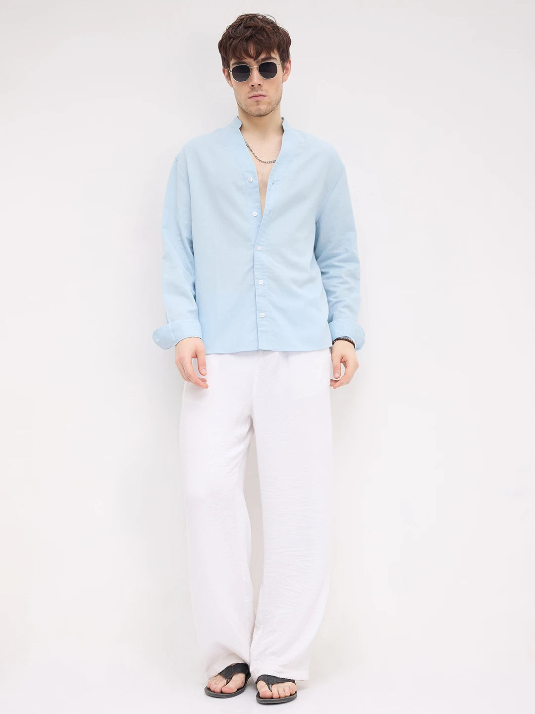 Rich Moring Blues Linen Blend Stand Collar Oversized Shirt