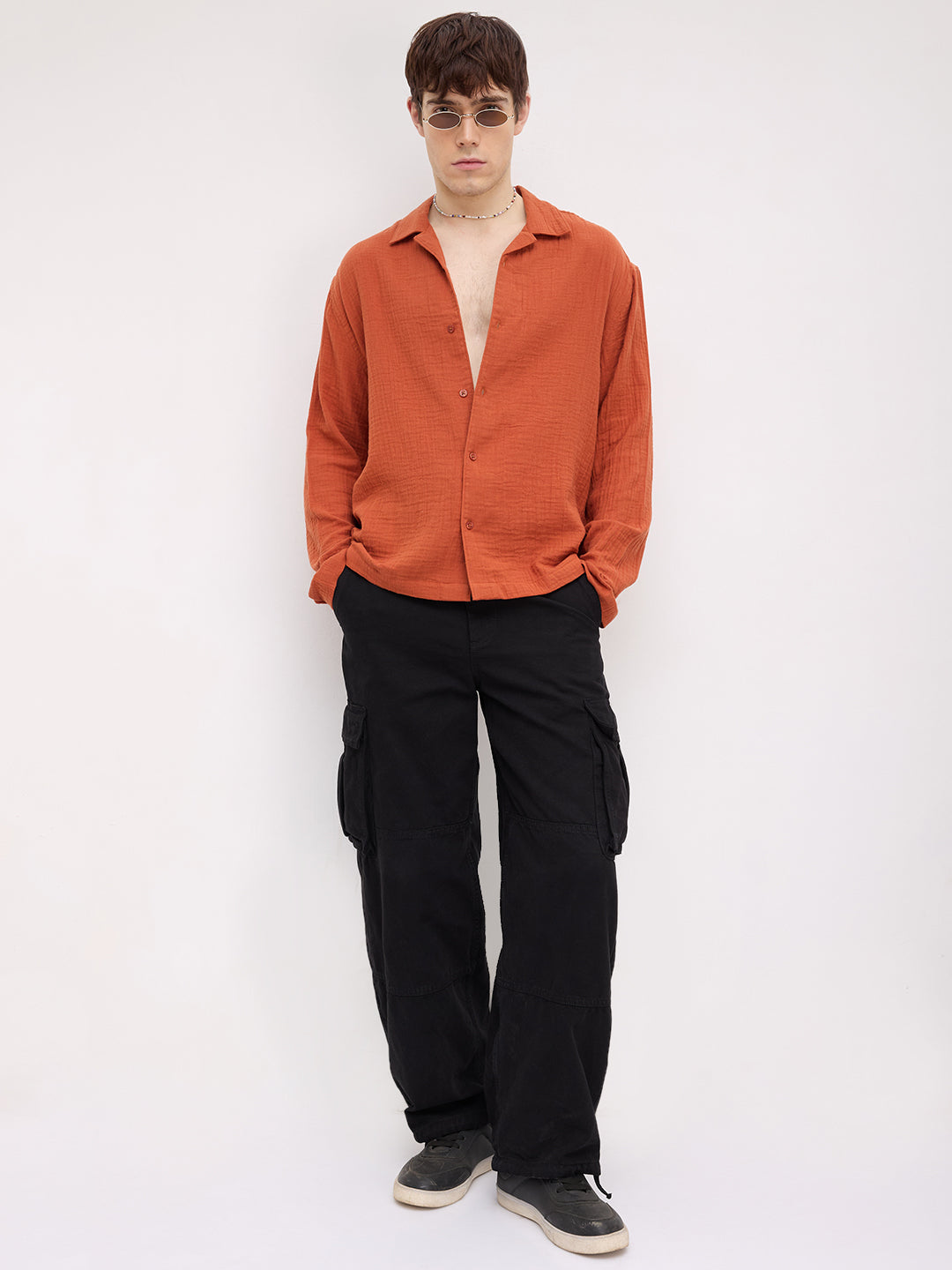 Firey Rust Double Cloth Notch Collar Oversized Shirt