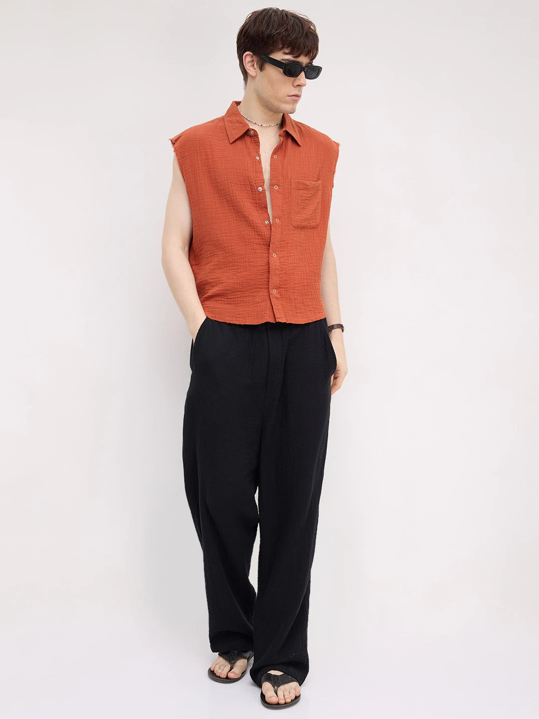Trendy Fiery Rust Sleeveless Cropped Shirt