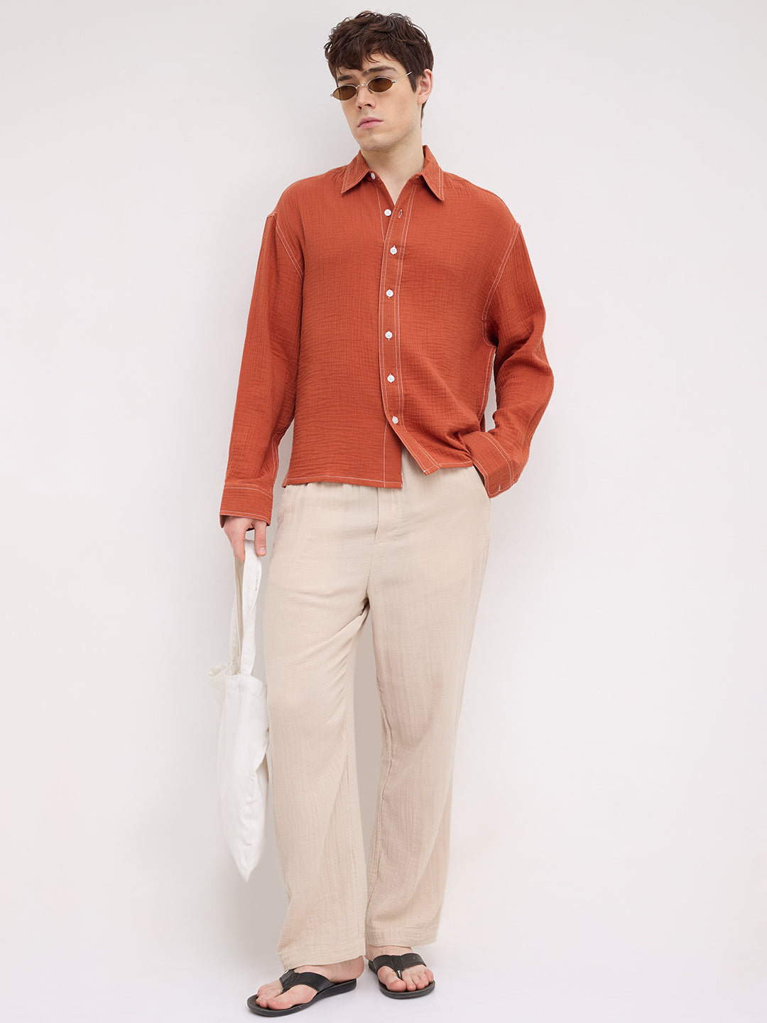 Rust Contrast Stitch Double Cloth Boxy Fit Crop Shirt