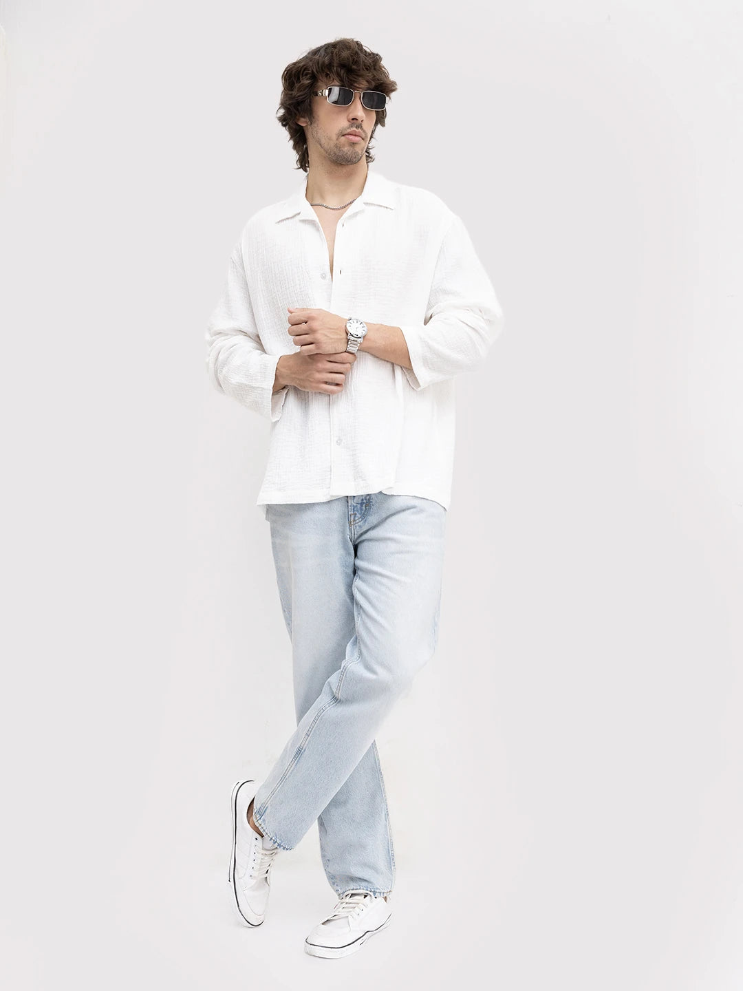 Snow White Double Cloth Notch Collar Oversized Shirt