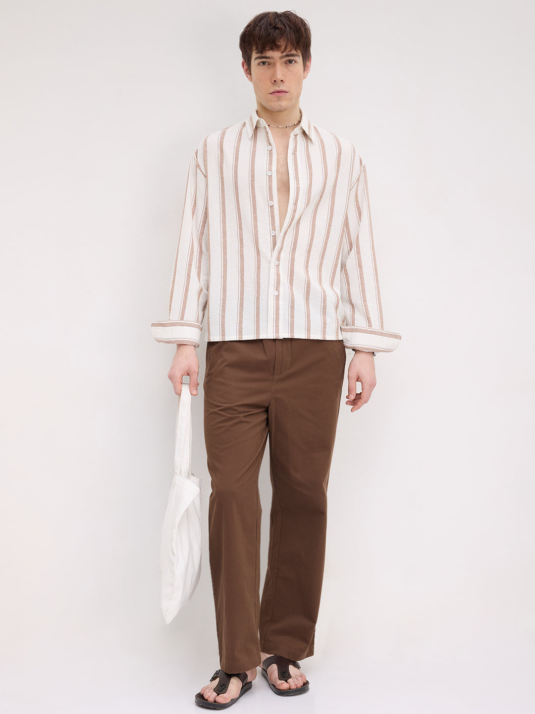 Natural Deep Khaki Striped Boxy Fit Crop Shirt
