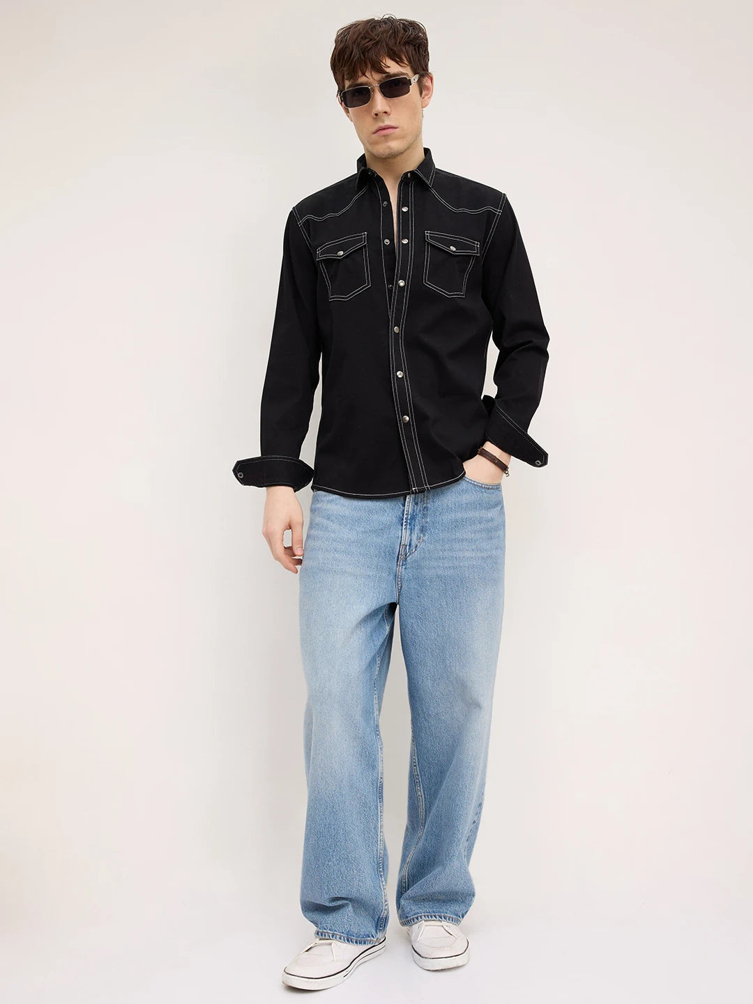 Nightfall Black Contrast Stitch Twin Pocket Overshirt