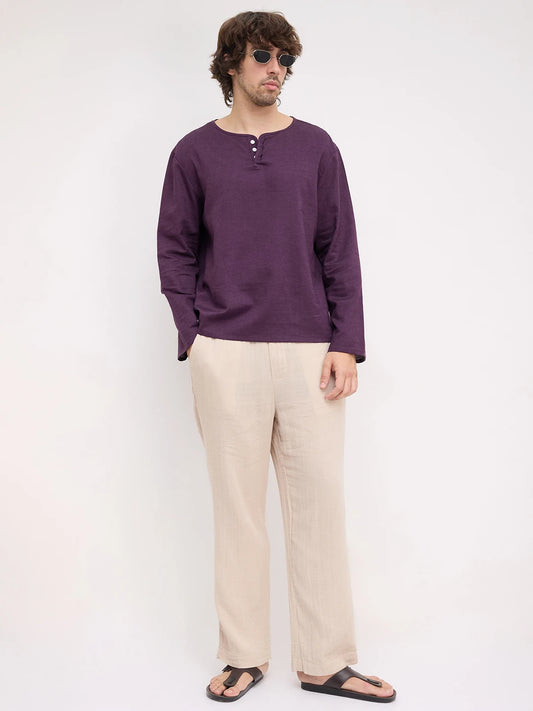 Luxe Plum Linen Blend Henley Neck Oversized Shirt
