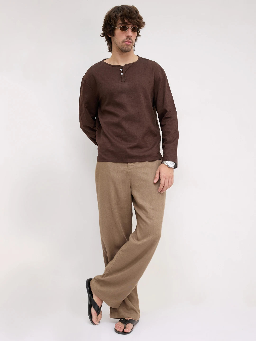 Espresso Brown Linen Blend Henley Neck Oversized Shirt
