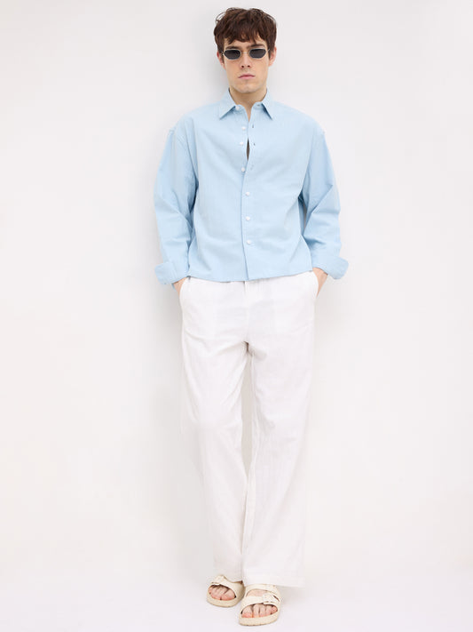 Refreshing Aqua Blue Solid Boxy Fit Crop Shirt