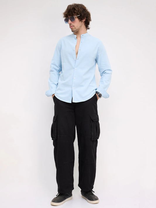 Refreshing Aqua Solid Blue Fine Mandarin Shirt