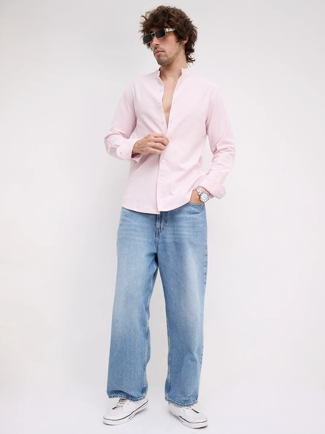 Charming Blush Pink Solid Mandarin Shirt