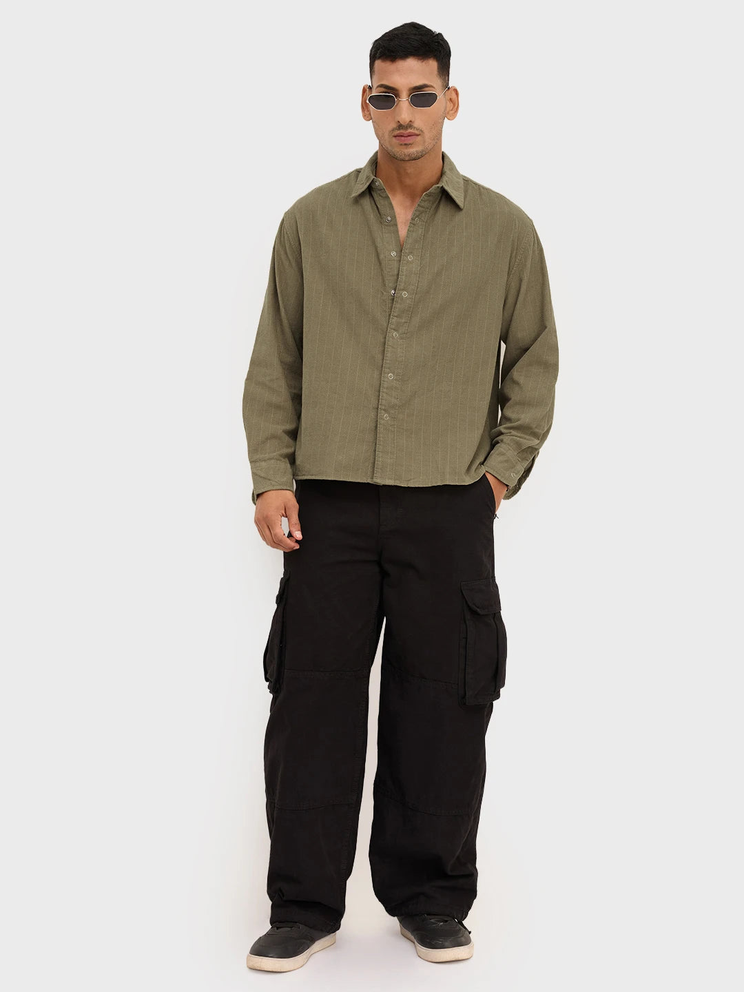 Luxe Olive Herringbone Corduroy Boxy Fit Crop Winter Shirt
