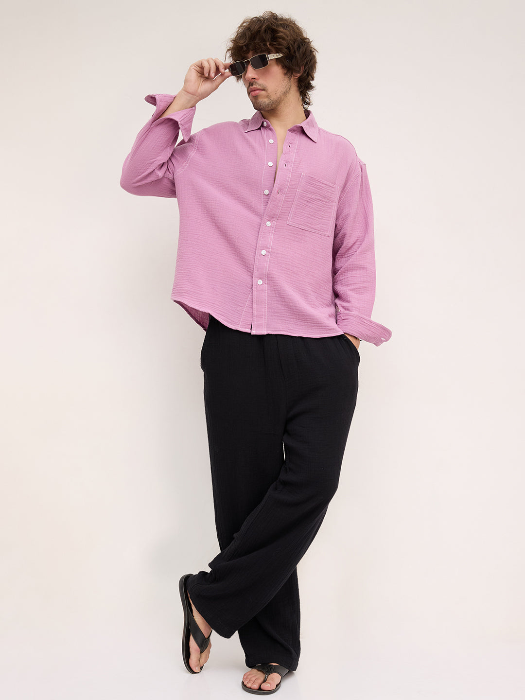 Rich Lilac Double Cloth Boxy Fit Crop Shirt