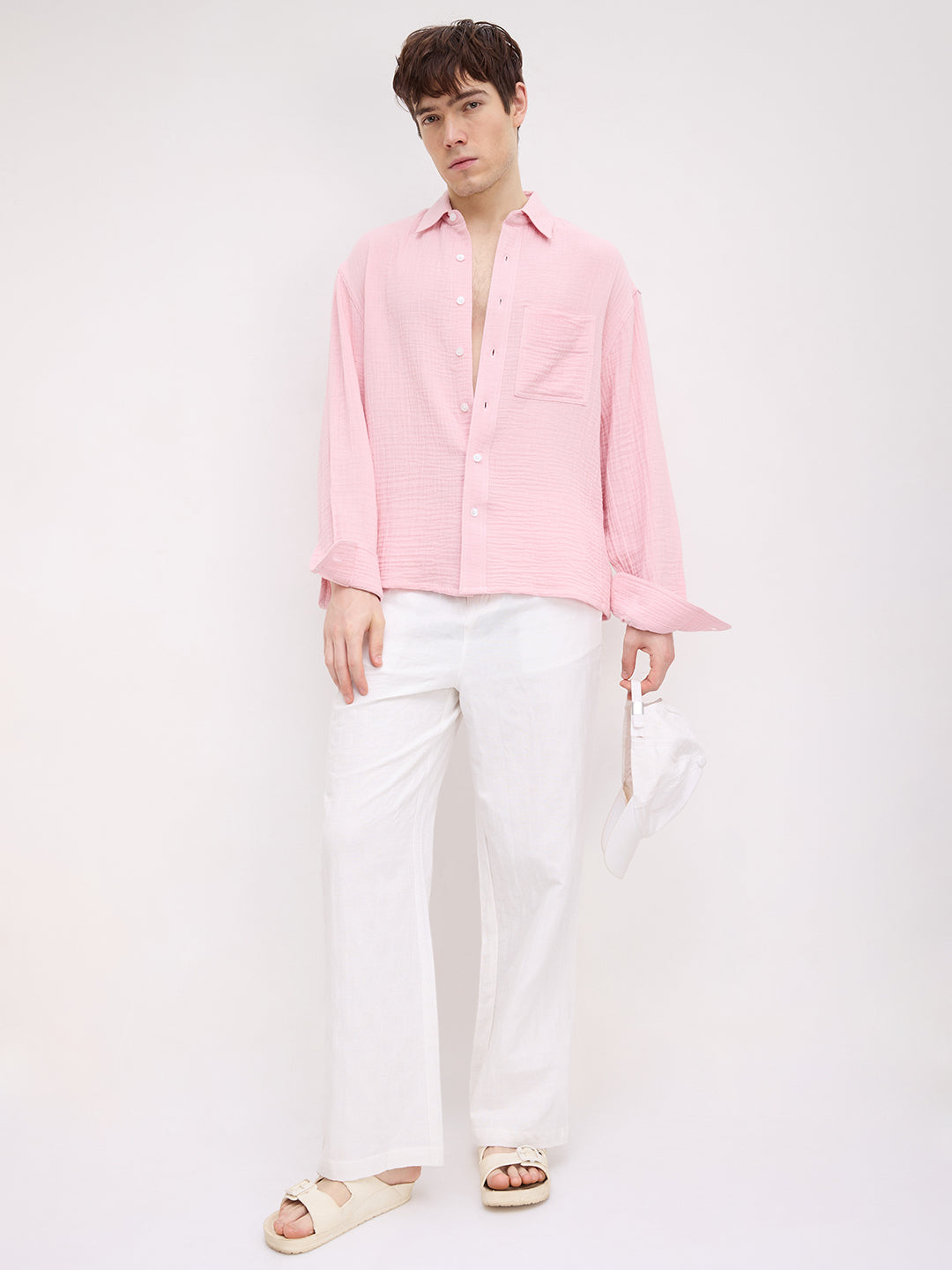 Charming Pastel Pink Double Cloth Boxy Fit Crop Shirt