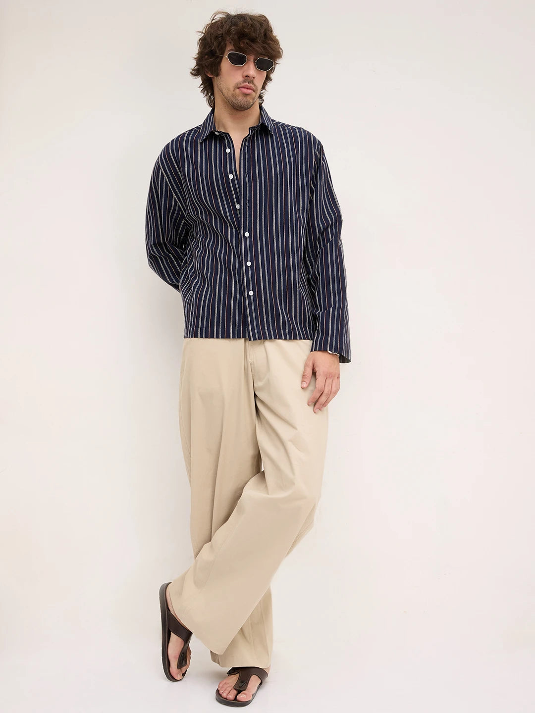 Navy Dual Embroidered Striped Cuffless Oversized Shirt