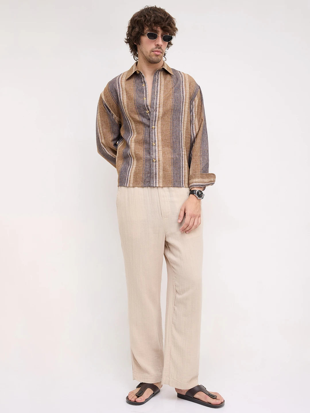 Earthy Brown & Navy Textured Striped Boxy Fit Crop Shirt