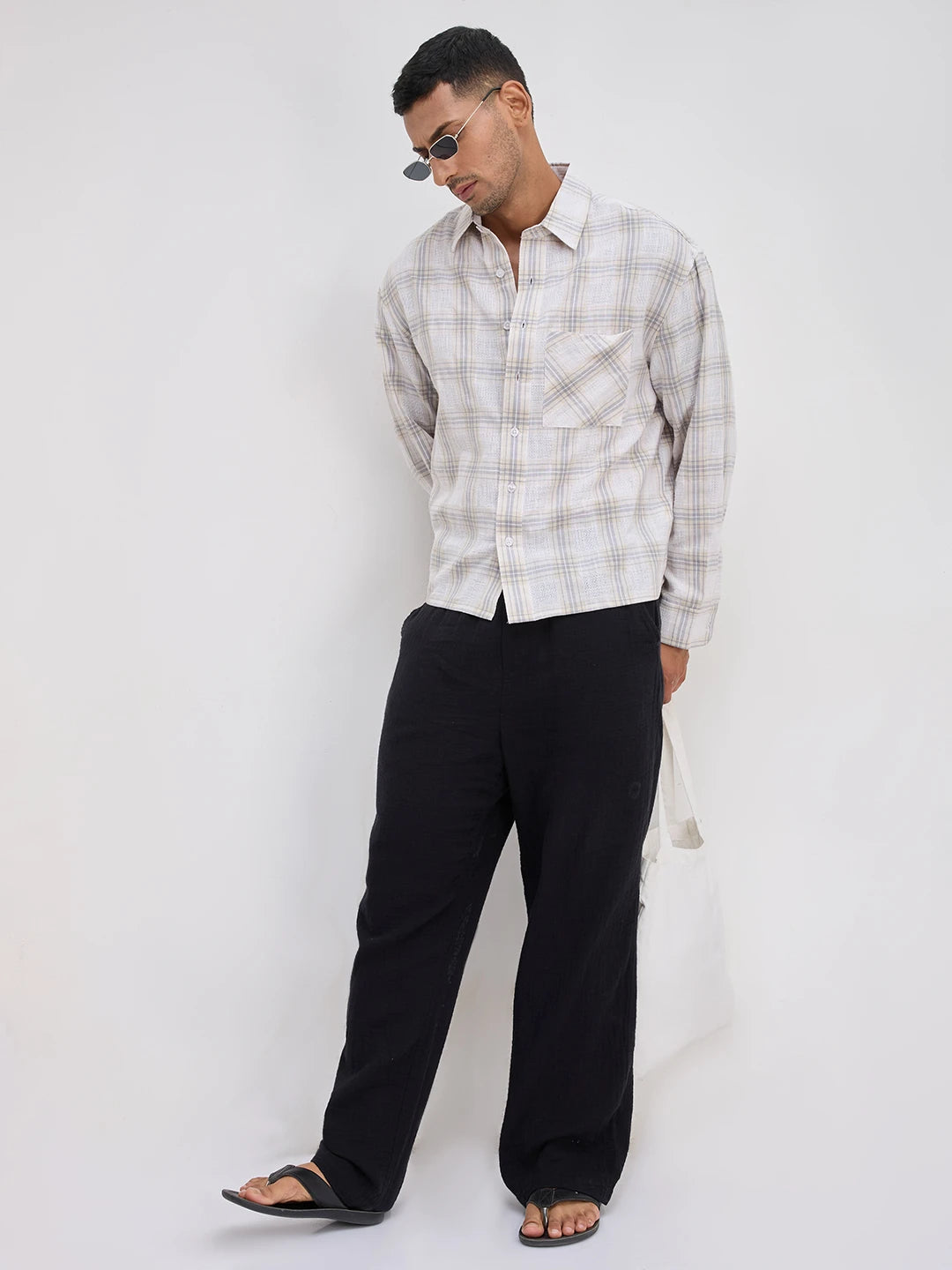 Grey & Ivory Structured Check Weave Boxy Fit Crop Shirt