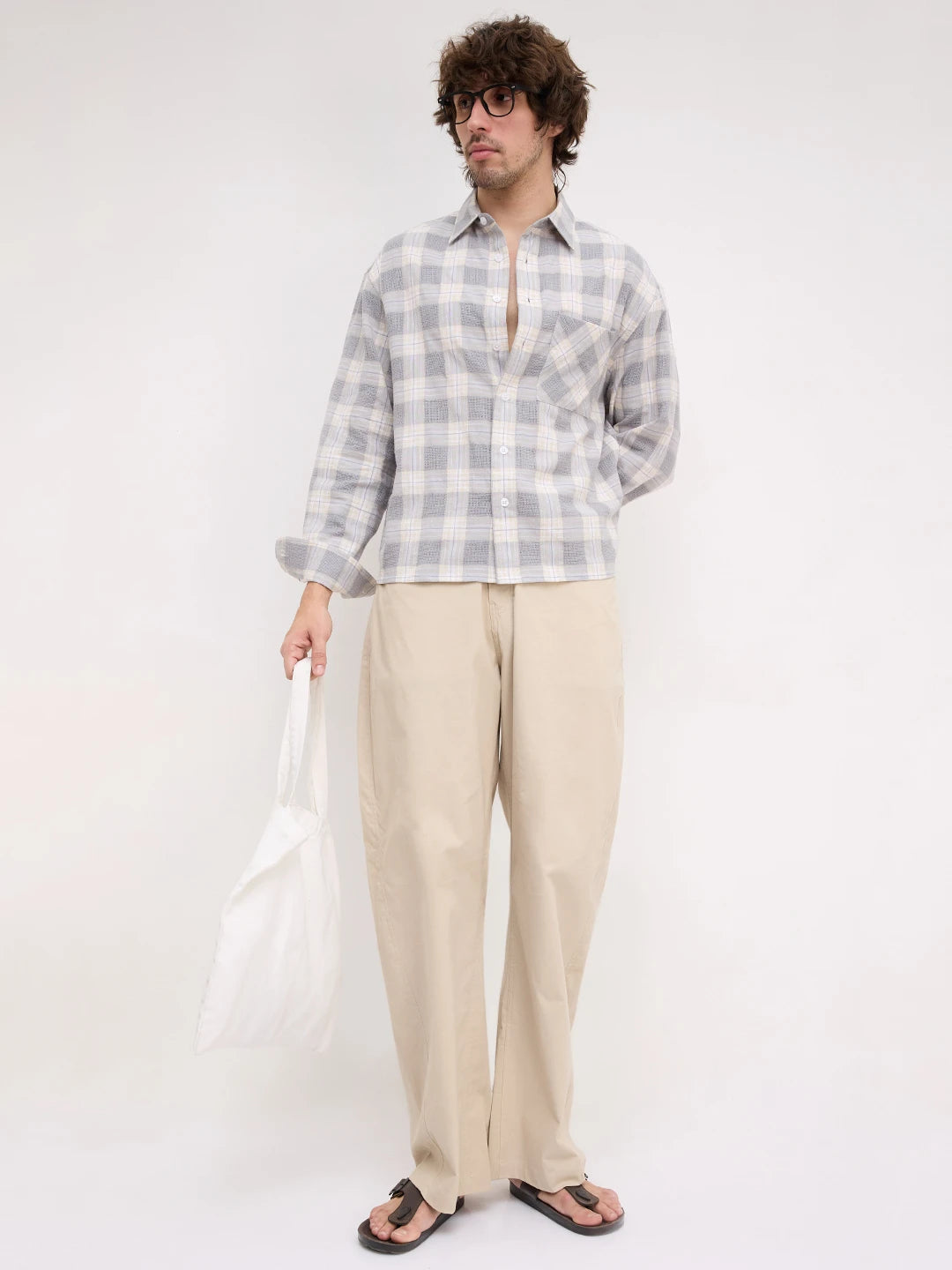 Grey & Beige Structured Check Weave Boxy Fit Crop Shirt