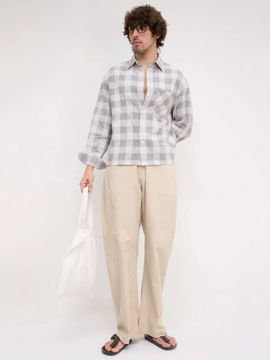 Grey & Beige Structured Check Weave Boxy Fit Crop Shirt