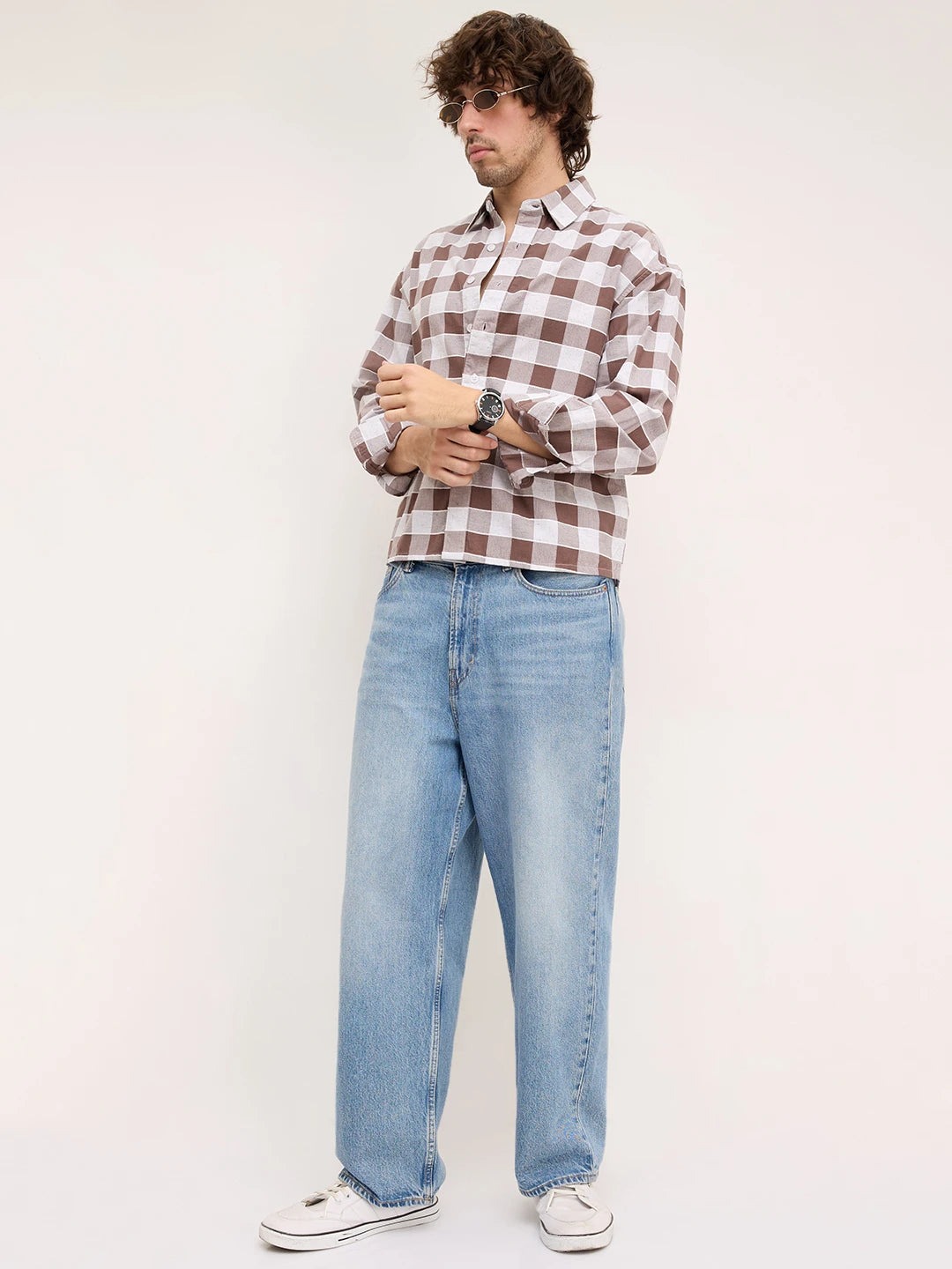Chocolate Brown & White Ghingham Checks Boxy Fit Crop Shirt