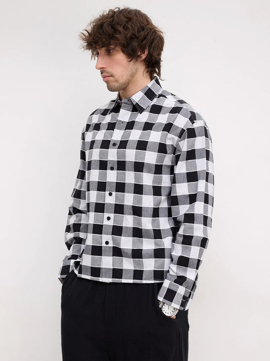 Black & White Ghingham Checks Boxy Fit Crop Shirt