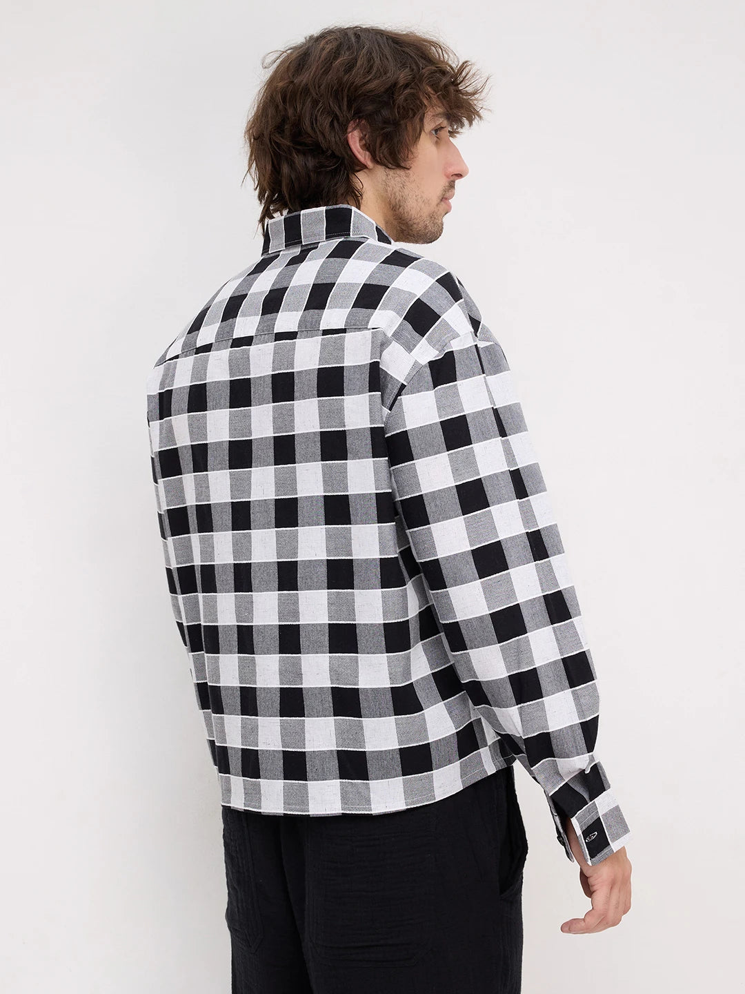 Black & White Ghingham Checks Boxy Fit Crop Shirt