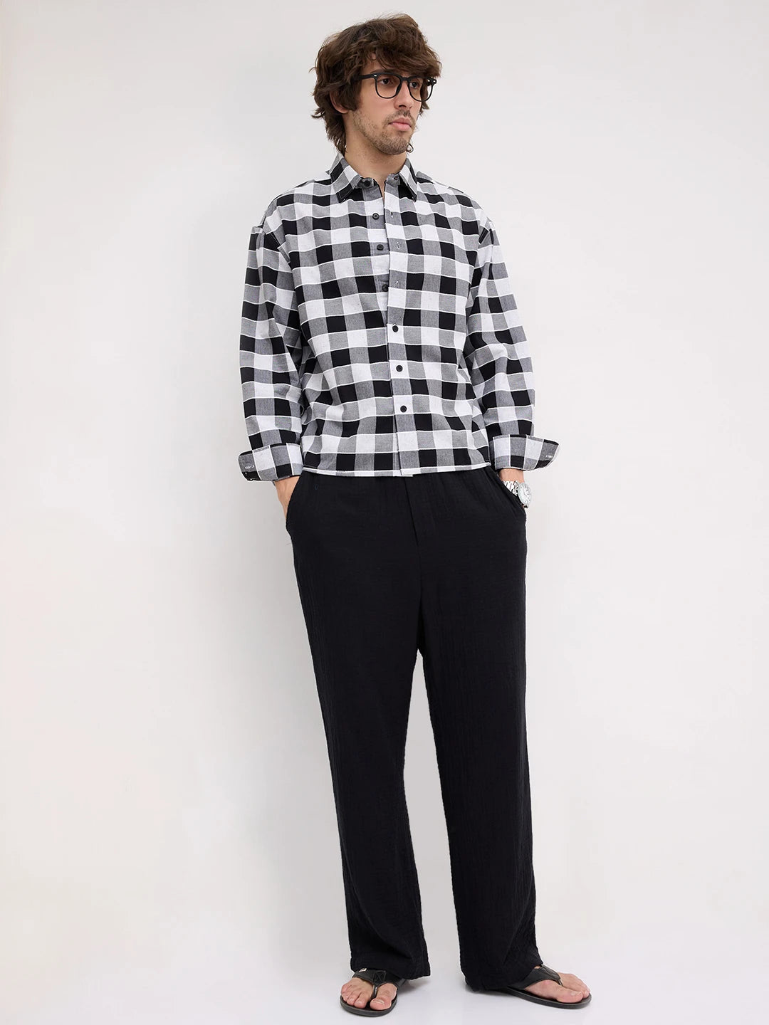 Black & White Ghingham Checks Boxy Fit Crop Shirt