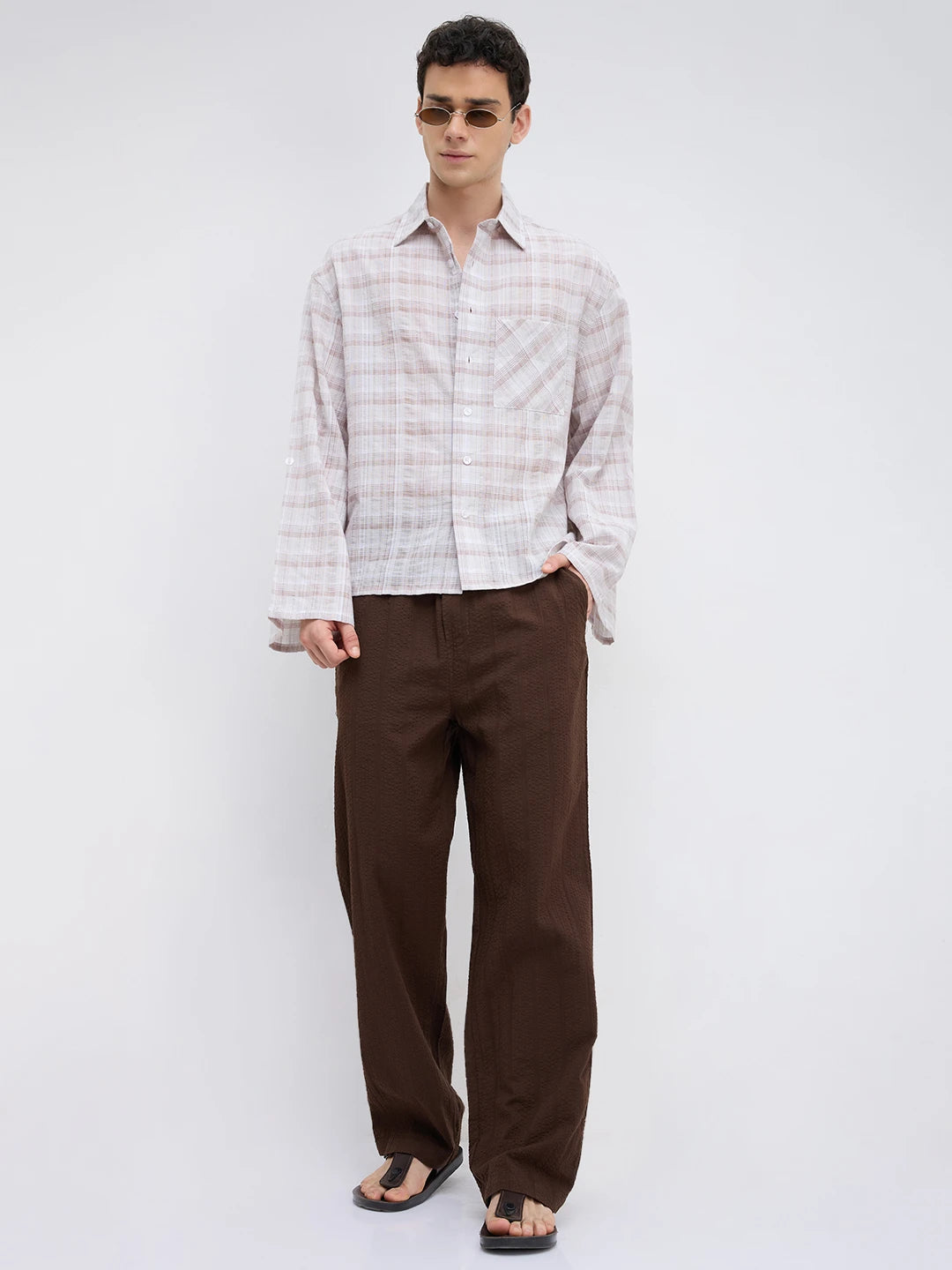 Taupe Brown Fine Checks Weave Oversized Crop Shirt
