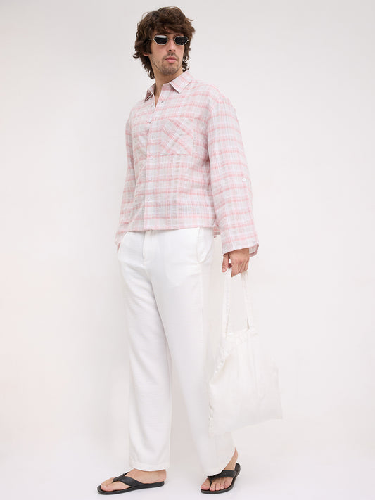 Peachy Pink & Grey Plaid Checks Oversized Cuffless Crop Shirt