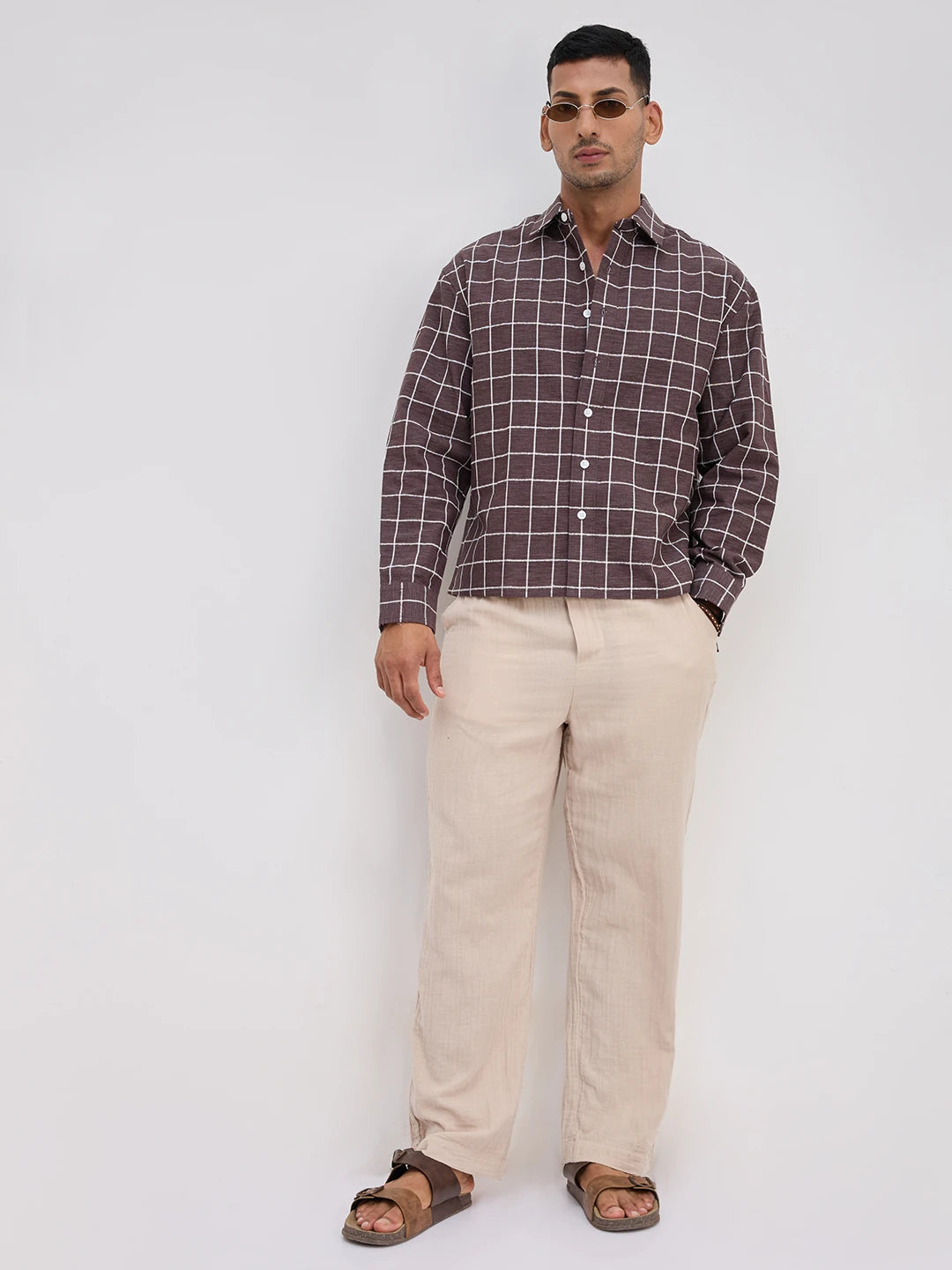Espresso Brown Contrast Square Checks Boxy Fit Crop Shirt
