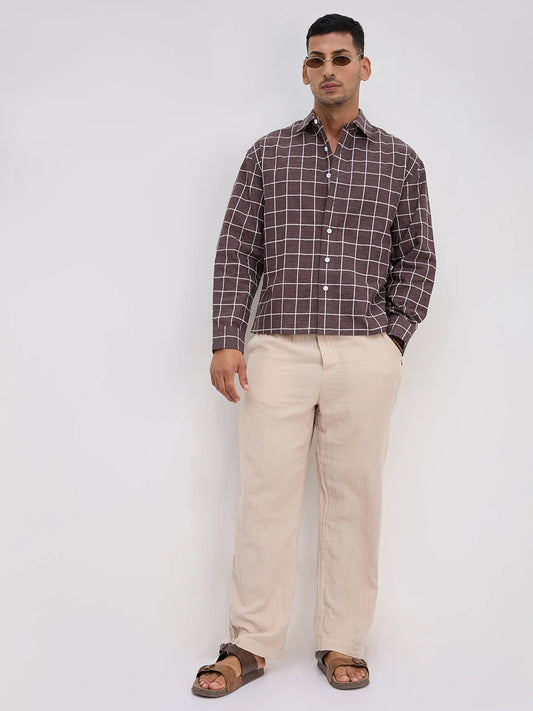 Espresso Brown Contrast Square Checks Boxy Fit Crop Shirt