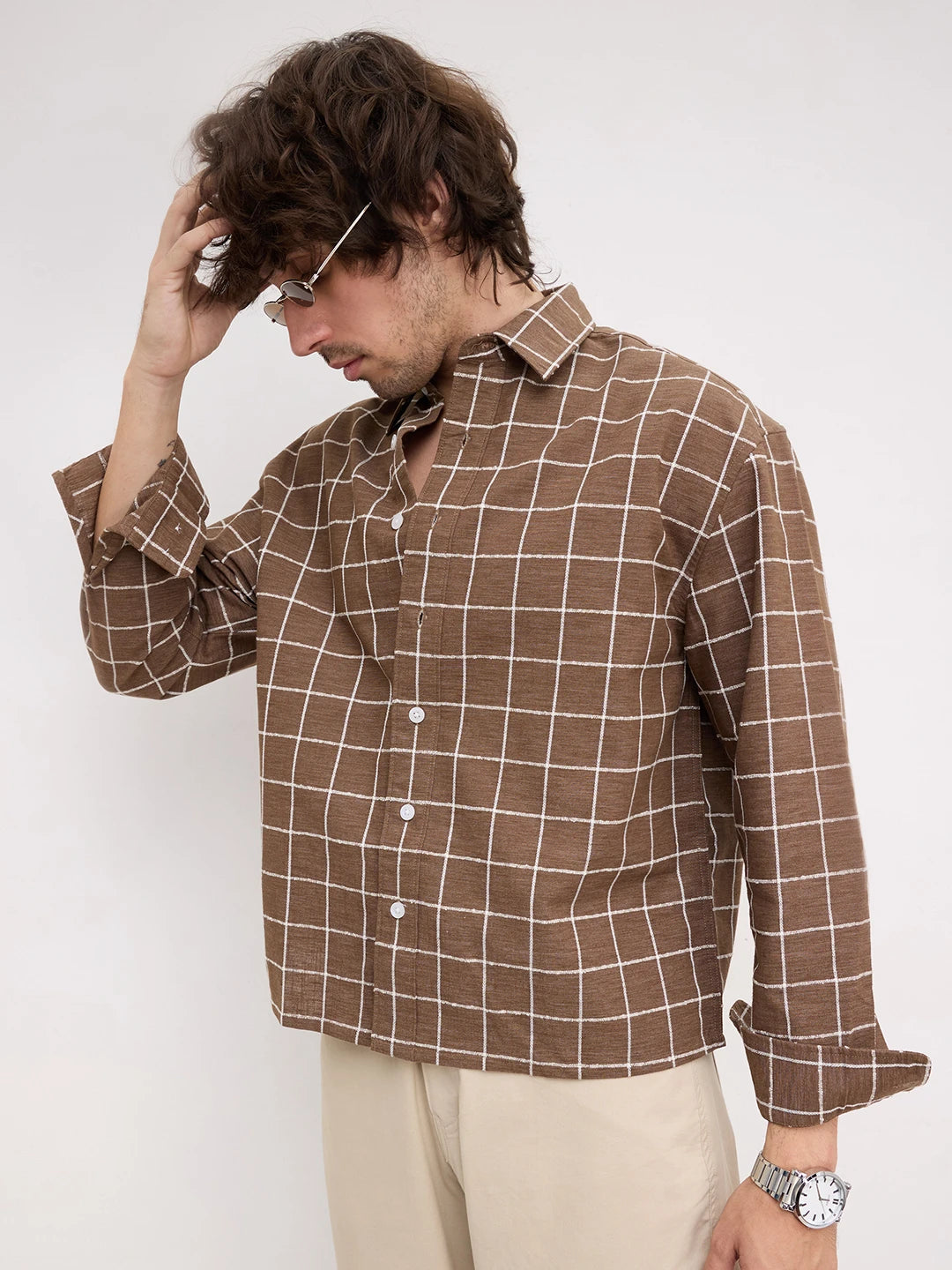 Natural Wood Brown Square Checks Boxy Fit Crop Shirt