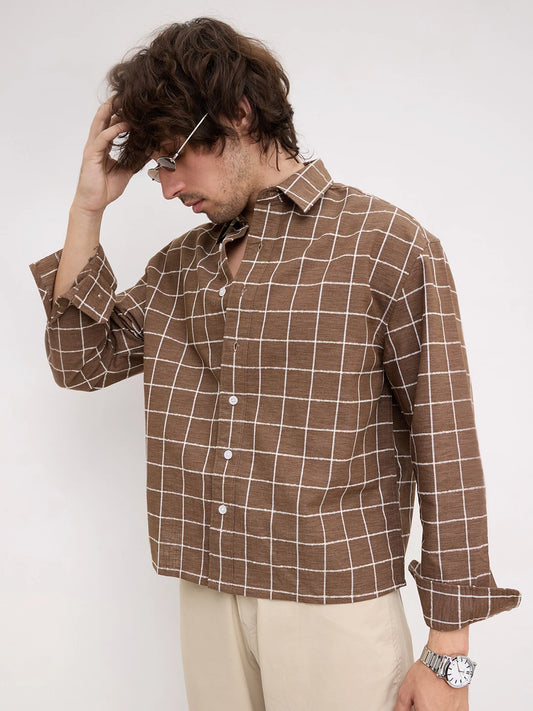 Natural Wood Brown Square Checks Boxy Fit Crop Shirt