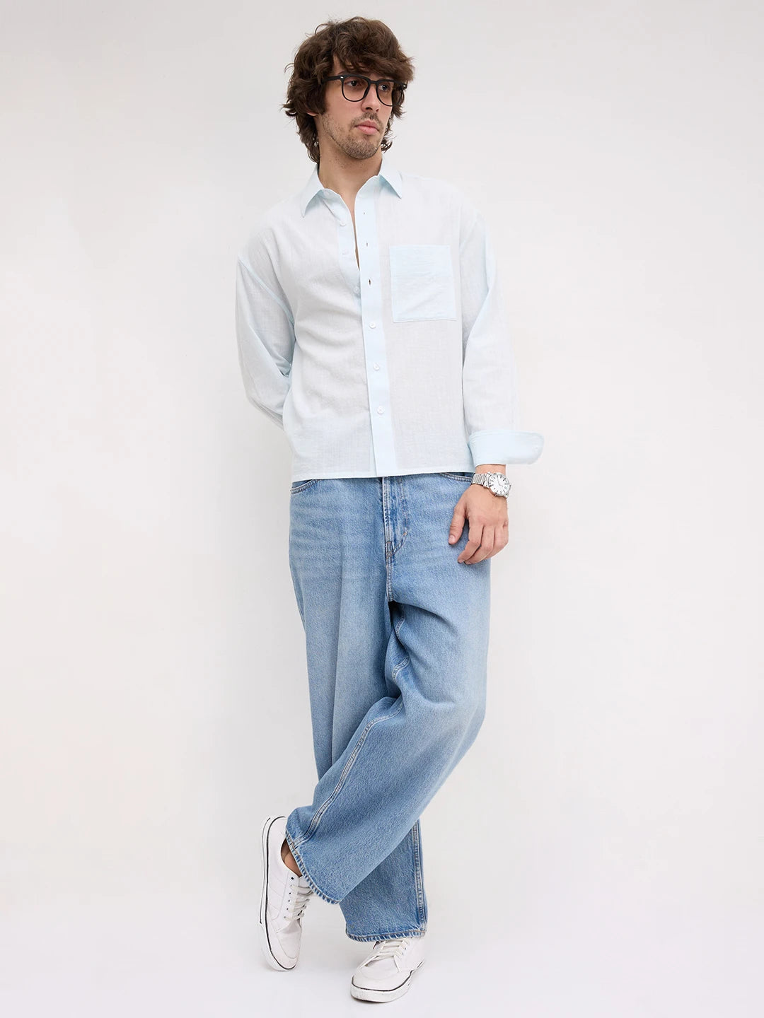 Ice Blue Fine Striped Textured Boxy Fit Crop Shirt