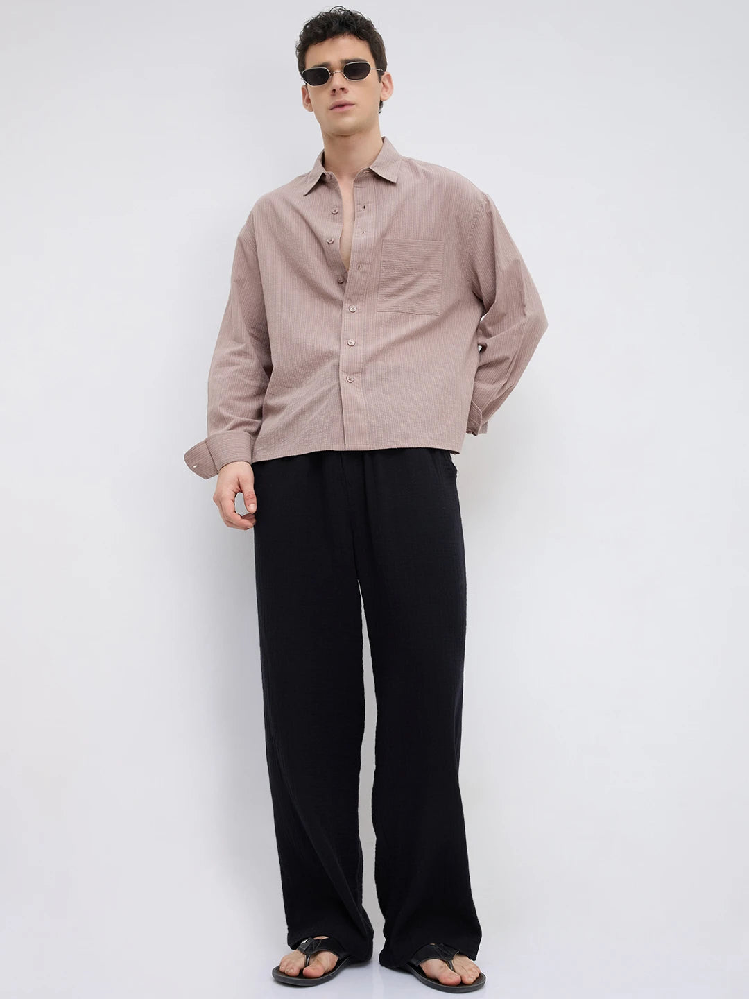 Taupe Brown Fine Striped Boxy Fit Crop Shirt