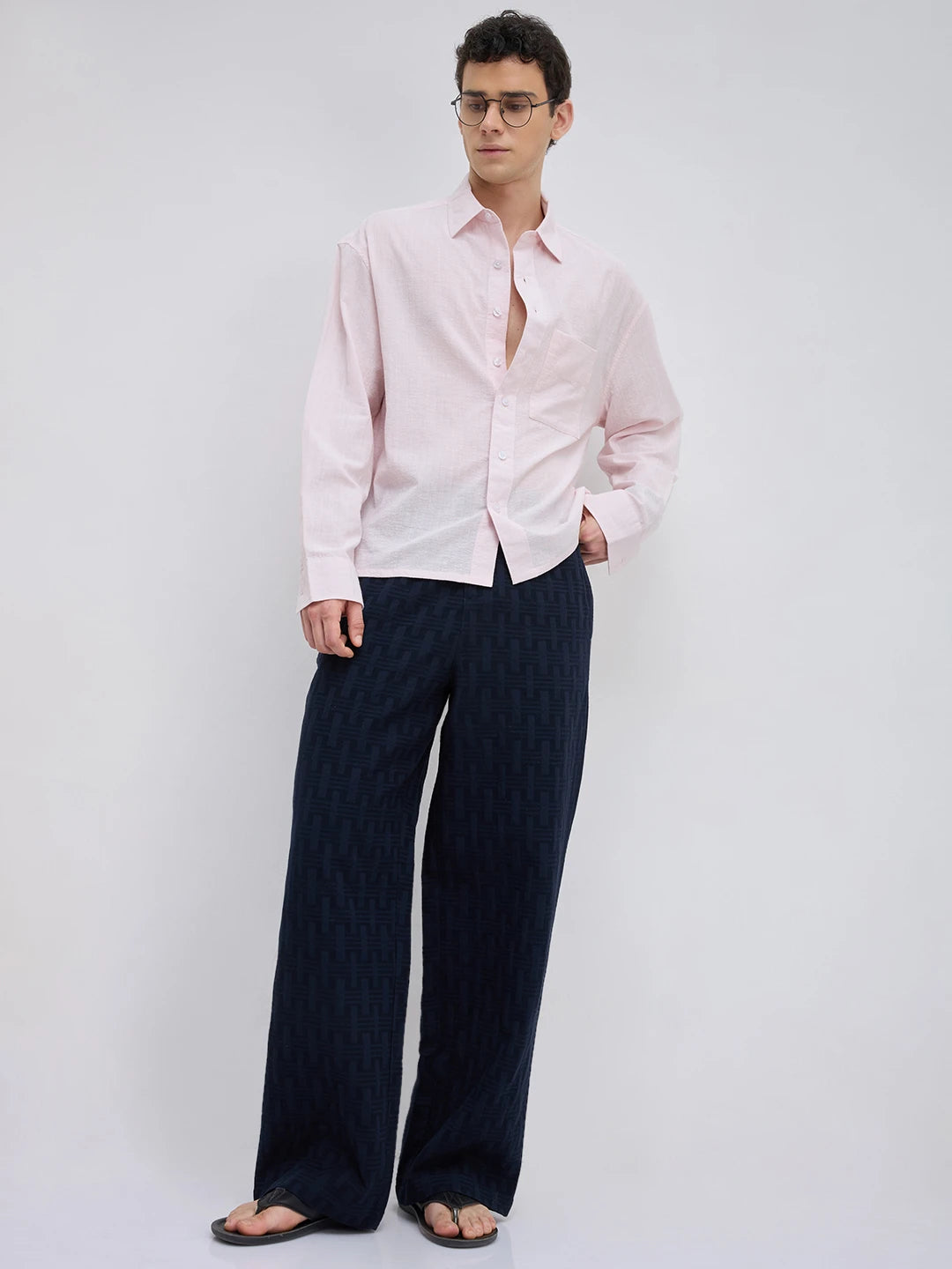 Blush Pink Fine Striped Textured Boxy Fit Crop Shirt