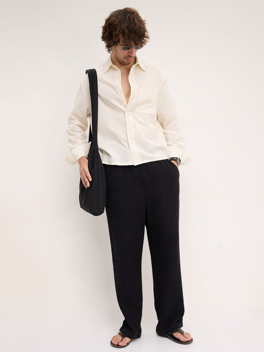 Spanish Cream Fine Striped Textured Boxy Fit Crop Shirt