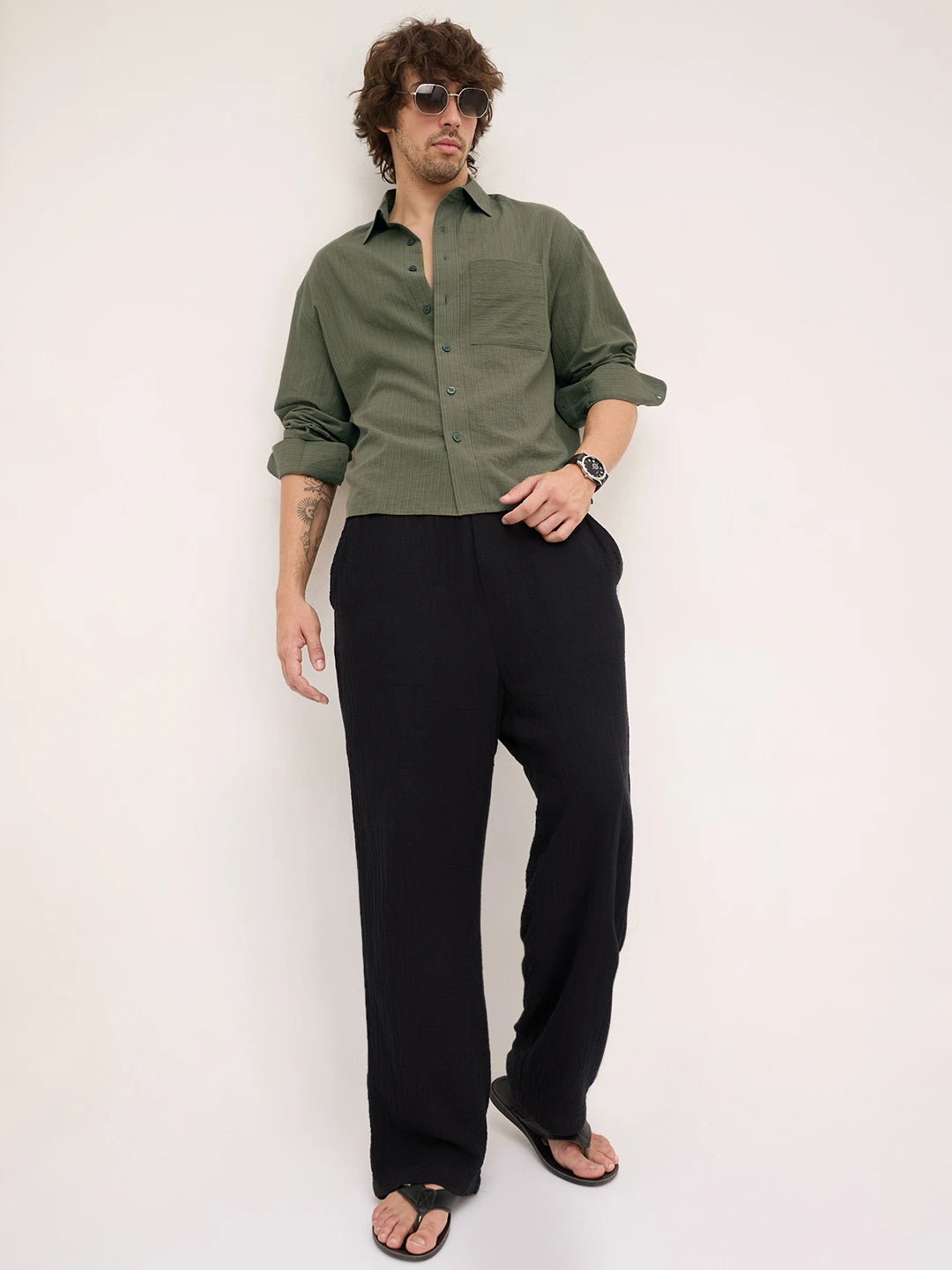 Olive Fine Striped Textured Boxy Fit Crop Shirt