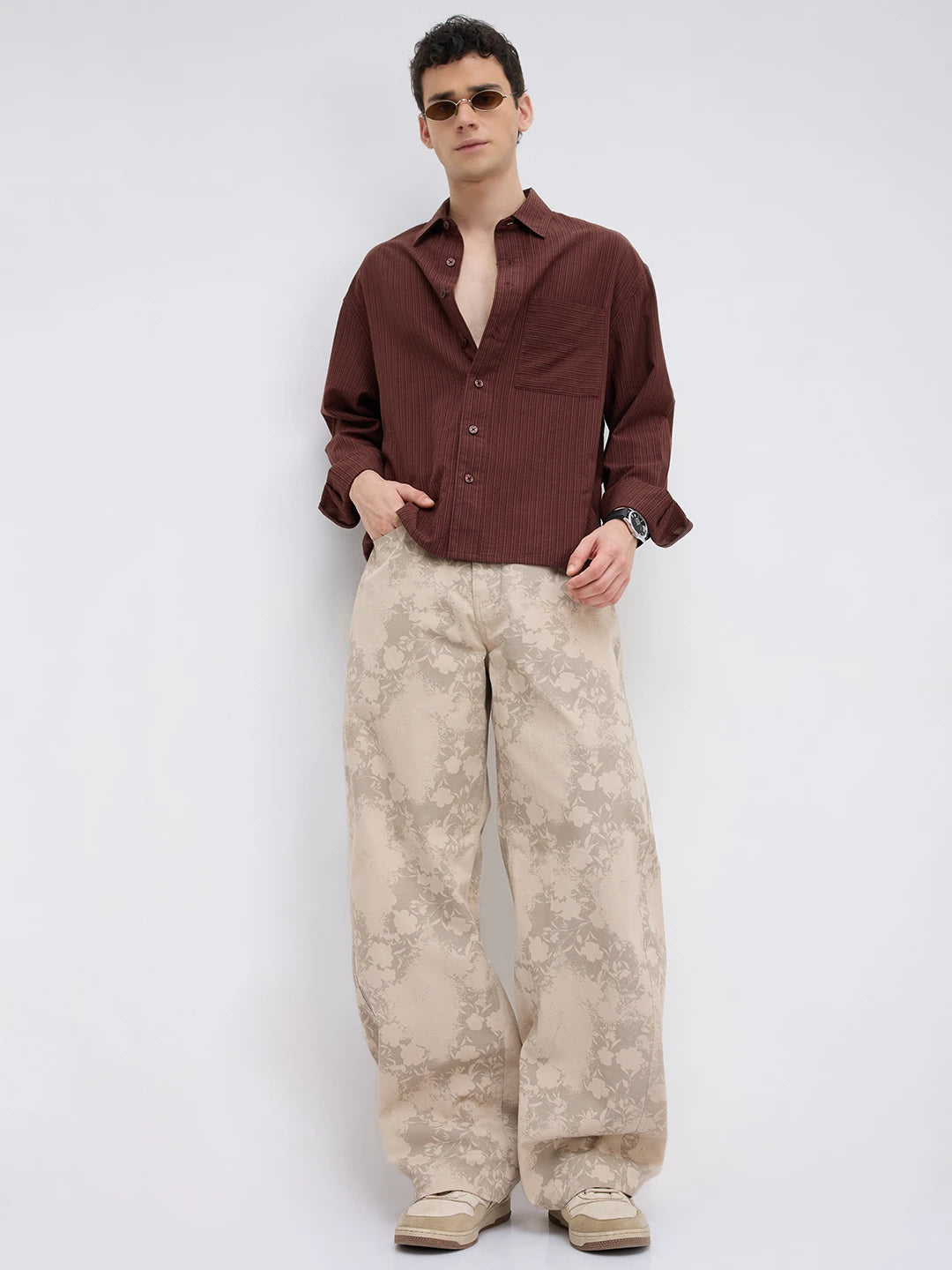 Elegant Coffee Brown Striped Boxy Fit Crop Shirt