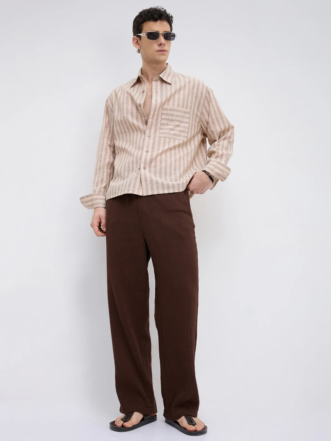 Earthy Brown & Beige Candy Striped Boxy Fit Crop Shirt