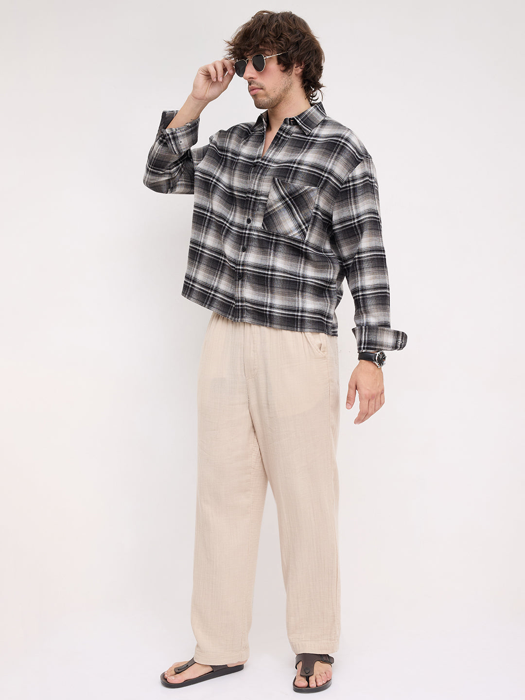Rich Monochrome Winter Plaid Checks Flannel Boxy Fit Crop Shirt