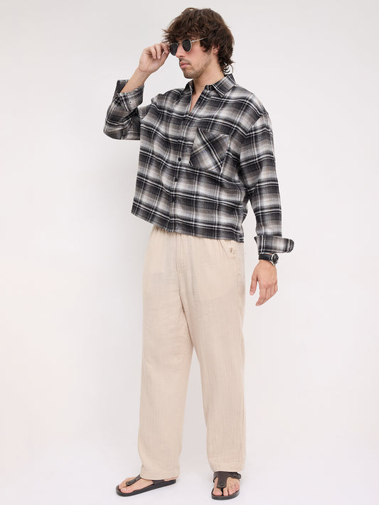 Rich Monochrome Winter Plaid Checks Flannel Boxy Fit Crop Shirt