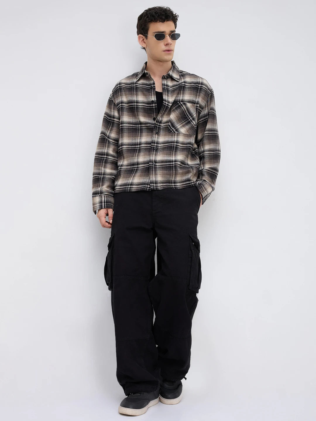 Rich Black & Brown Winter Plaid Shadow Checks Flannel Boxy Fit Crop Shirt