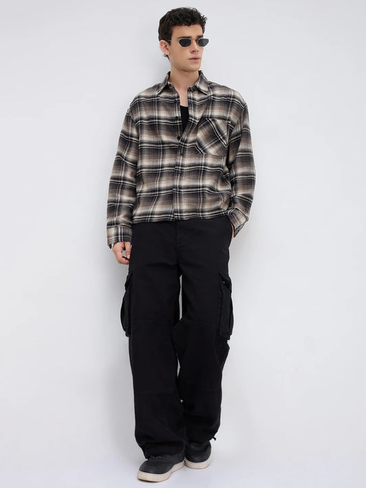 Rich Black & Brown Winter Plaid Shadow Checks Flannel Boxy Fit Crop Shirt
