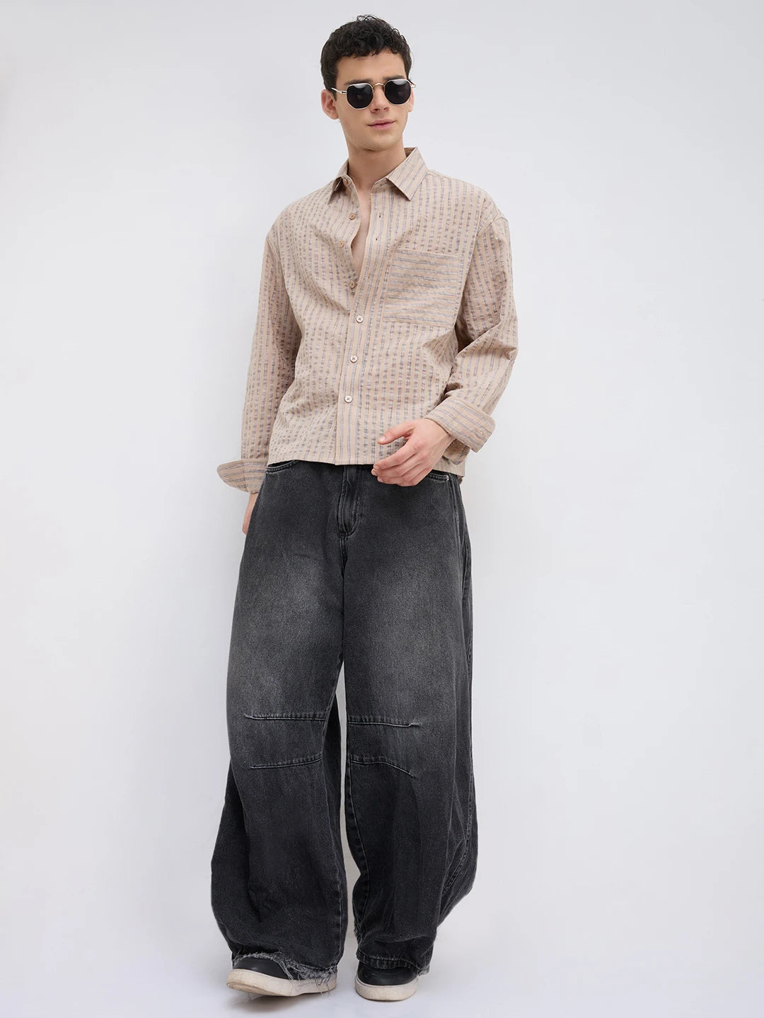 Taupe Beige Fine Striped Boxy Fit Crop Shirt